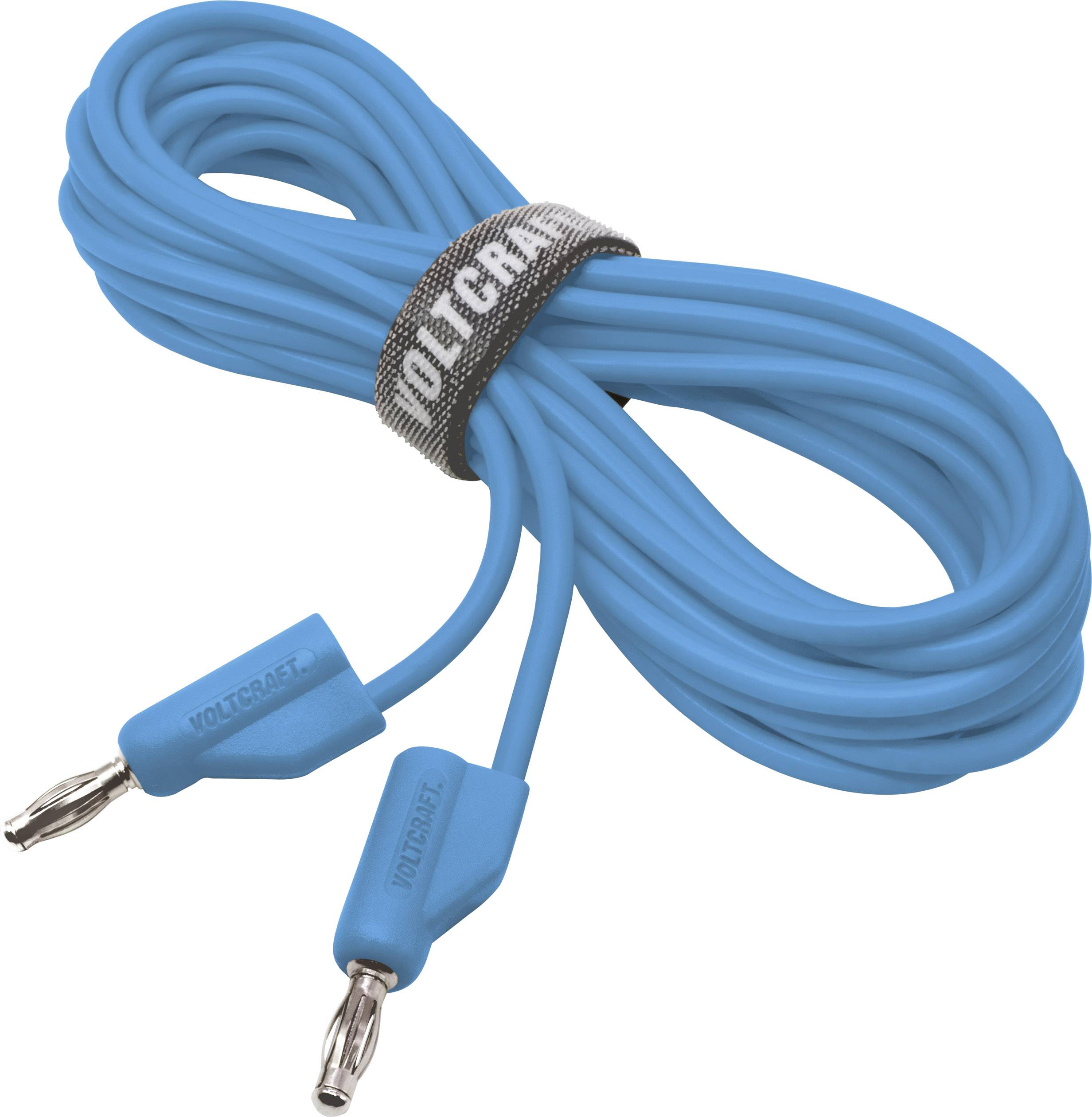 Modrý měřicí kabel se zástrčkami a suchým zipem s nápisem 'VOLCRAFT', svinutý a svázaný.