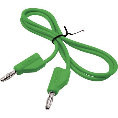 Zelený banánový kabel se dvěma zástrčkami, použitelný pro elektronické připojení.