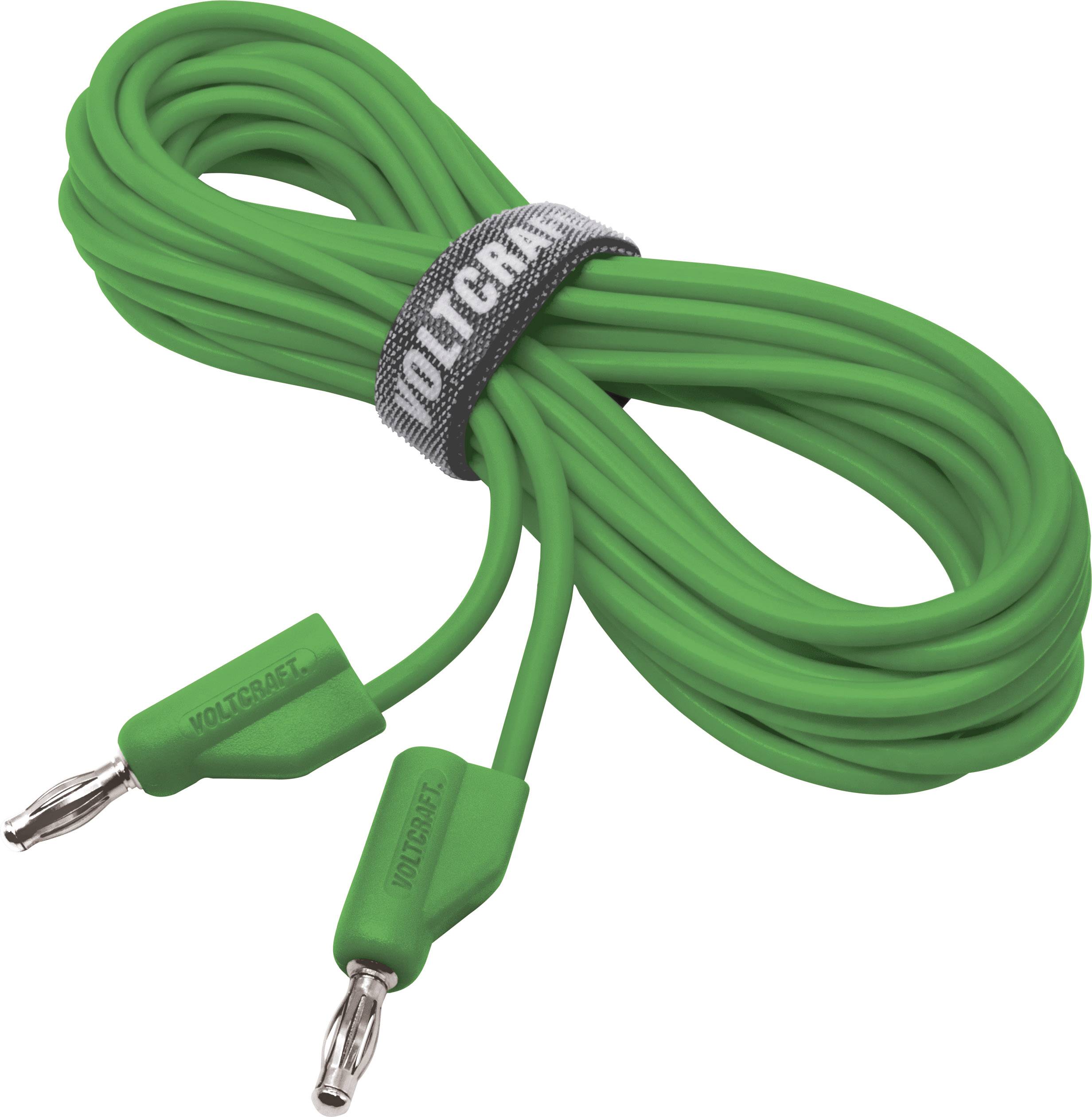 Zelený elektrický kabel, navinutý, s dvěma zástrčkami na koncích. Šedý pásek s nápisem 'VOLTCRAFT' drží kabel pohromadě.