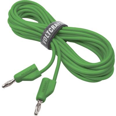 Zelený elektrický kabel, navinutý, s dvěma zástrčkami na koncích. Šedý pásek s nápisem 'VOLTCRAFT' drží kabel pohromadě.