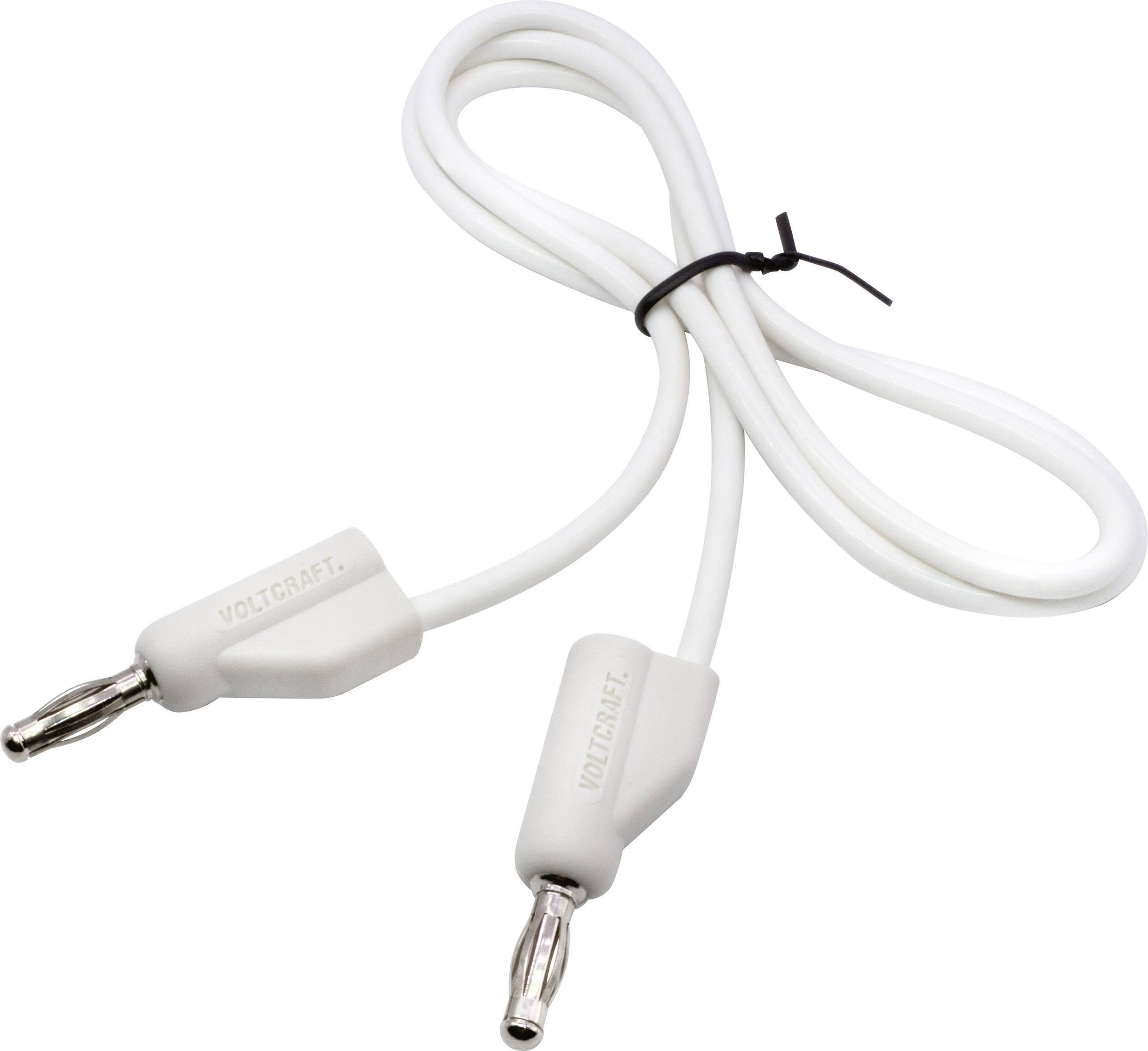 Bílý kabel se dvěma stříbrnými banánkovými konektory, označený štítkem 'Voltcraft'.
