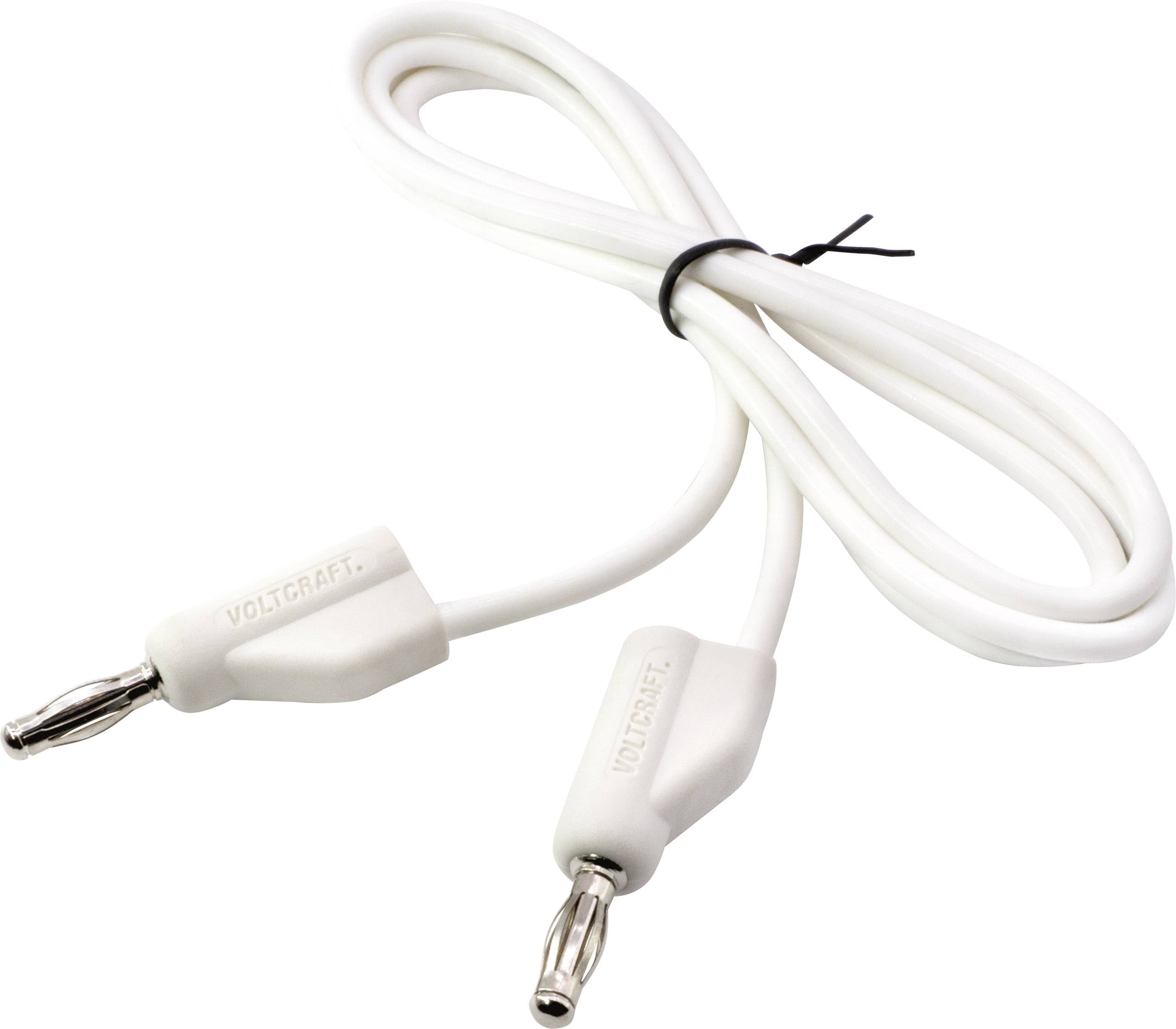 Bílý kabel se dvěma banánkovými konektory na koncích.