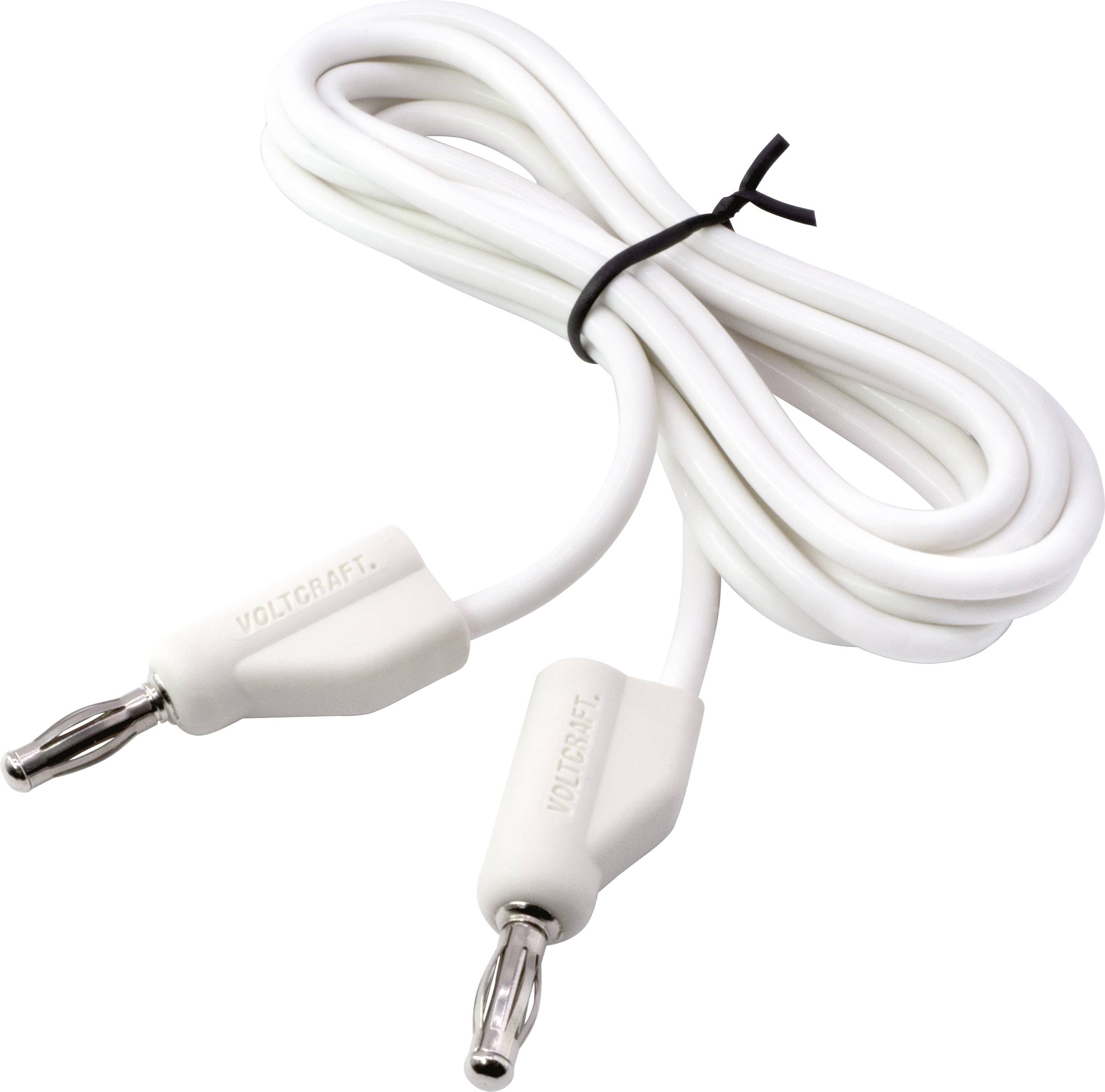 Bílý kabel se dvěma kovovými konektory na koncích, používaný pro elektronické připojení.