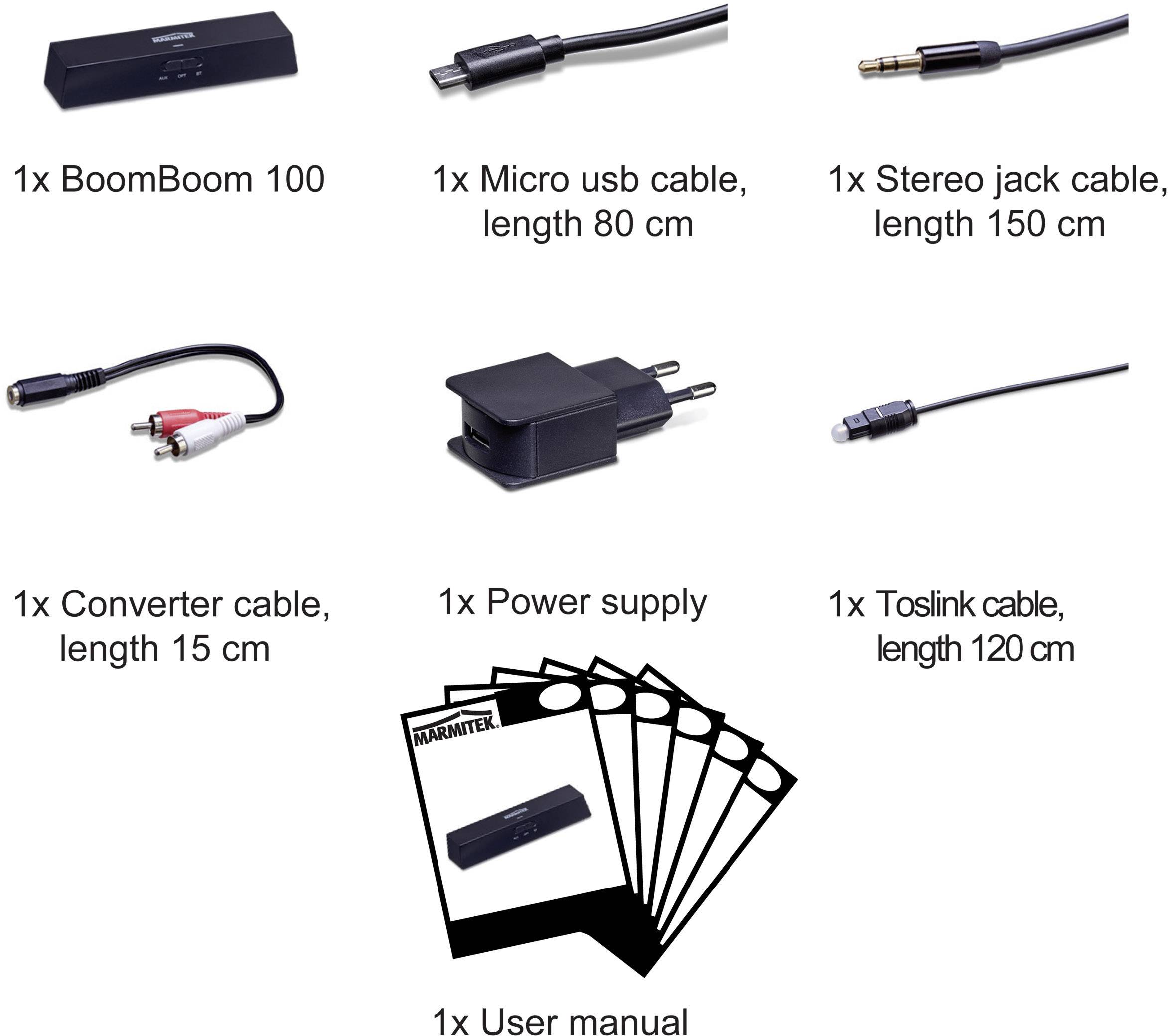 Příslušenství 'BoomBoom 100': 1x Bluetooth vysílač, 1x mikro-USB kabel (80 cm), 1x kabelový adaptér jack (150 cm), 1x konvertorový kabel (15 cm), 1x napájecí adaptér, 1x Toslink kabel (120 cm), 1x uživatelská příručka.