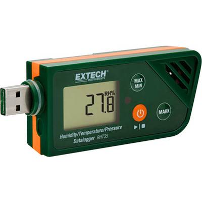 Datalogger s USB připojením zobrazuje vlhkost vzduchu 27,8 %. Ovládací tlačítka a indikace dalších funkcí jsou umístěny na přední straně přístroje.