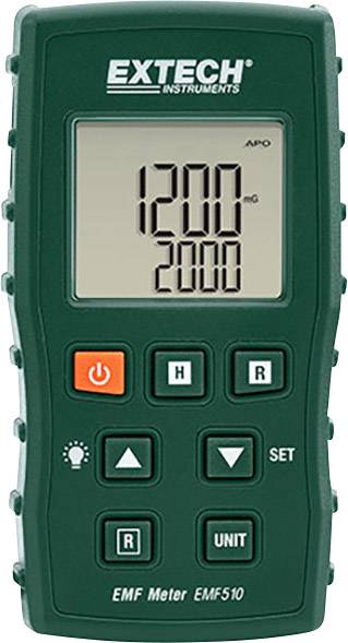 Digitální měřič EMF od značky Extech pro měření elektromagnetických polí, zobrazuje '1200 µG 2000' na displeji.