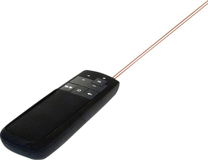Laserové ukazovátko s černým pouzdrem, které vysílá červený světelný paprsek, často používané při prezentacích.