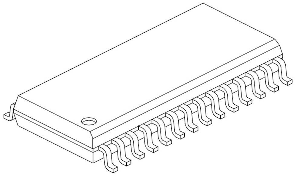 Schematický diagram pouzdra mikrochipu s 28 vývody, často používaný k znázornění elektronických obvodů.