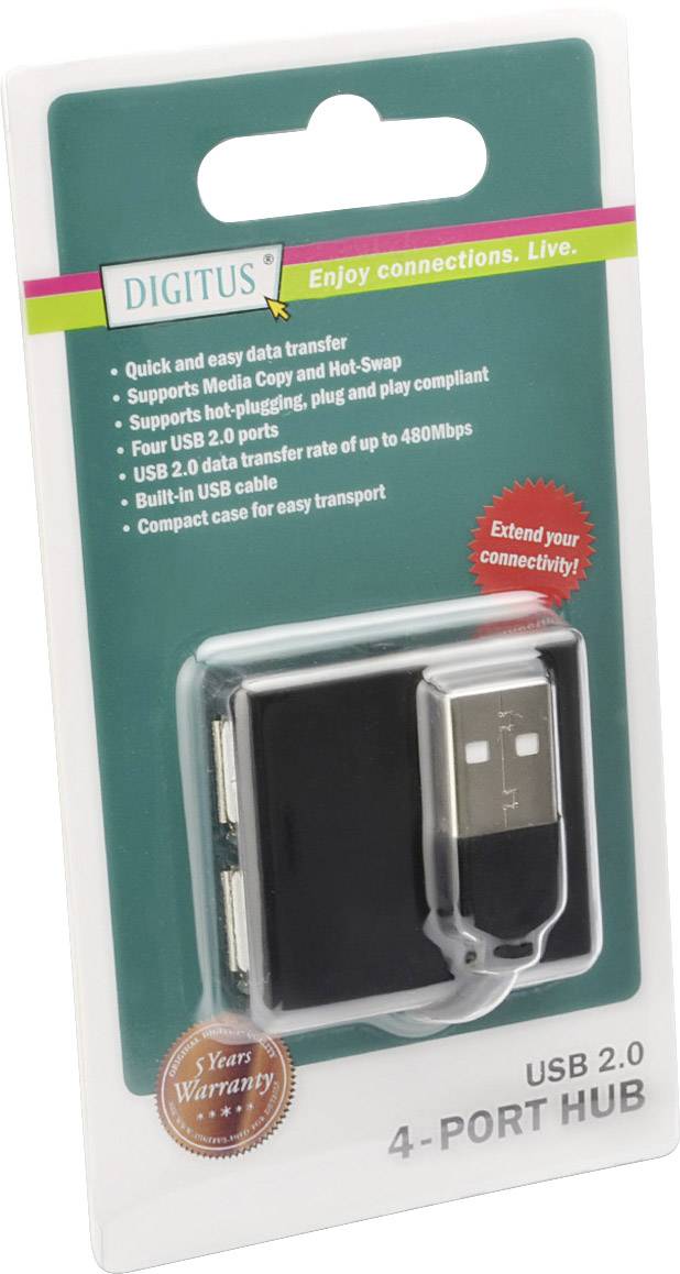 Balení USB 2.0 4-portového rozbočovače s kabelem. Vlastnosti produktu: přenos dat až 480 Mb/s, hot-swap, plug and play.