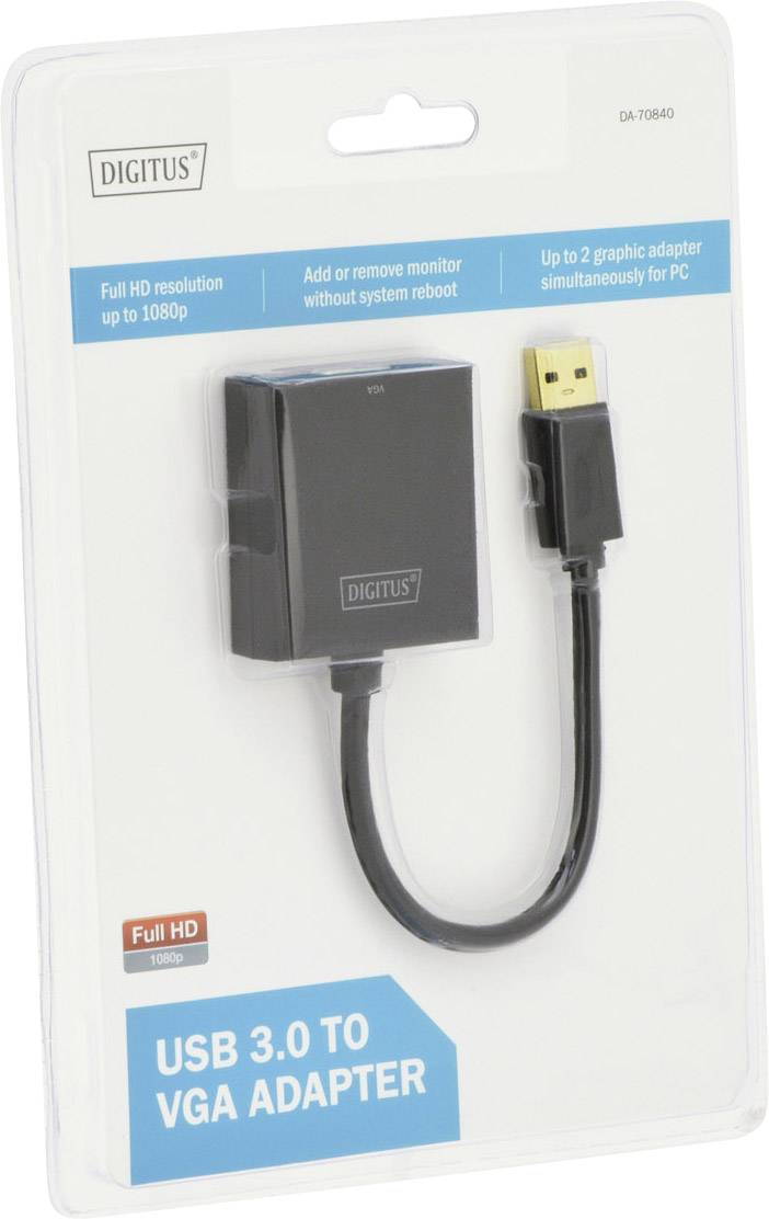 USB 3.0 na VGA adaptér v balení, vhodný pro Full HD až 1080p, umožňuje přidávání nebo odebírání monitorů bez nutnosti restartování.