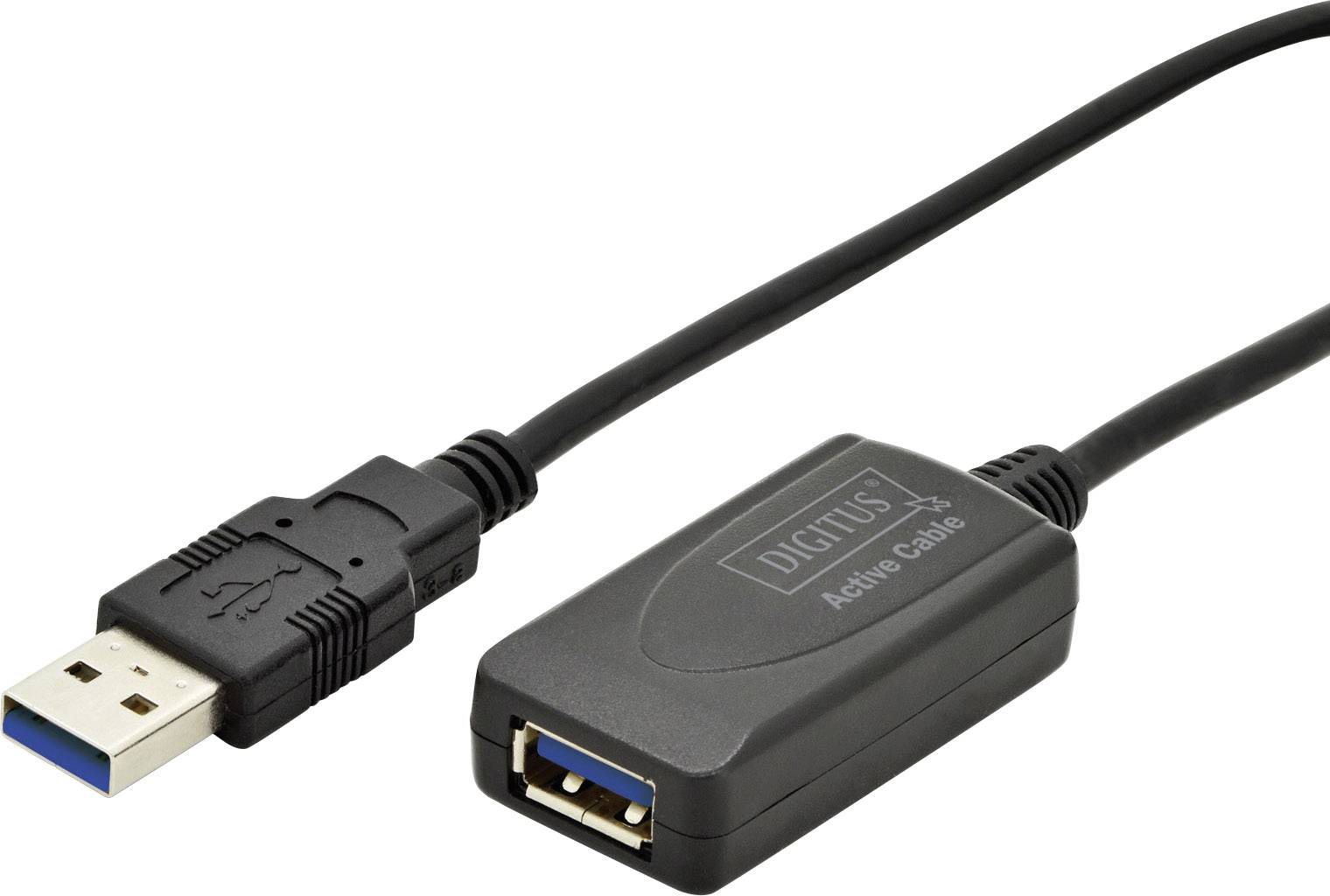 Černý prodlužovací kabel USB 3.0 'Digitus' s USB-A zástrčkou a zásuvkou, vhodný pro rychlý přenos dat.