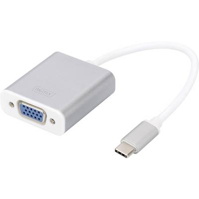 Stříbrný adaptér s VGA konektorem na USB-C, vhodný pro připojení starších monitorů k moderním laptopům.
