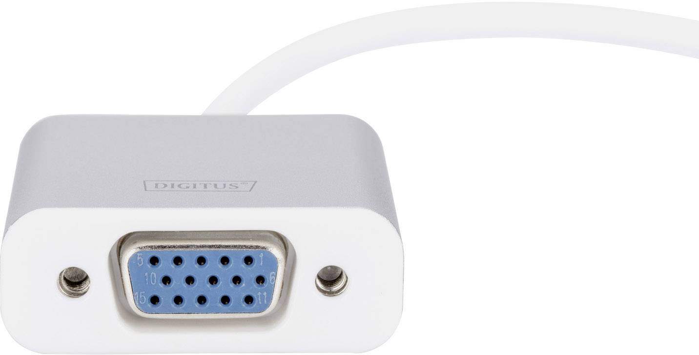 VGA adaptér s bílým pouzdrem a modrým konektorem, vhodný pro připojení monitoru k počítači.
