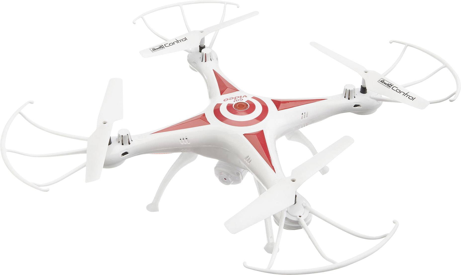 Bílý dron se čtyřmi rotačními listy, červeným akcentem a ochrannými oblouky. Leží na bílém povrchu.