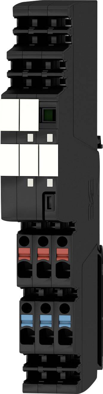 Černý, vertikální elektronický modul s několika vstupy a přepínači, označený barevně pro snadnou identifikaci.