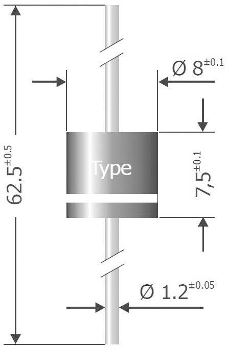 Diagram válcové elektronické součástky s popisky: průměr 8 mm, délka 62,5 mm, připojovací vodiče 1,2 mm.