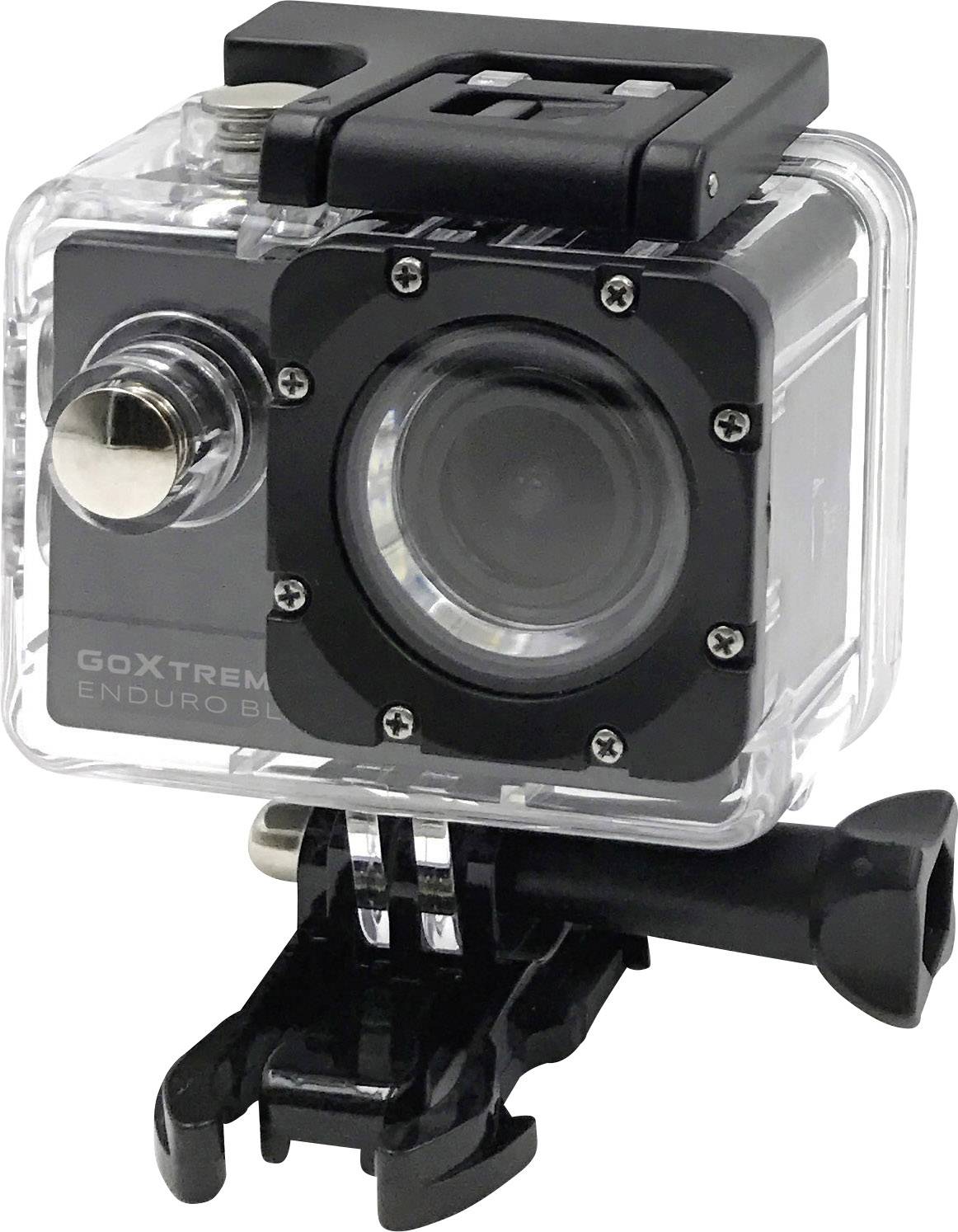 Akční kamera v robustním, průhledném pouzdře s upevňovací konzolí, vhodná pro natáčení v extrémních podmínkách.