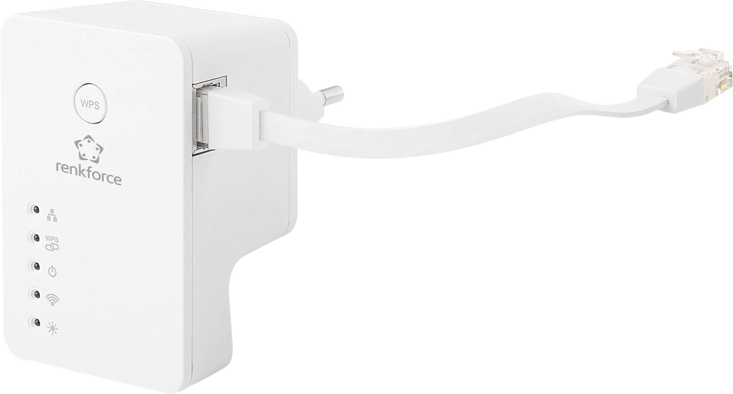 Bezdrátový repeater Wi-Fi s tlačítkem WPS, ethernetovým portem a stavovými LED diodami pro sílu signálu a konektivitu. Označený logem 'renkforce'.
