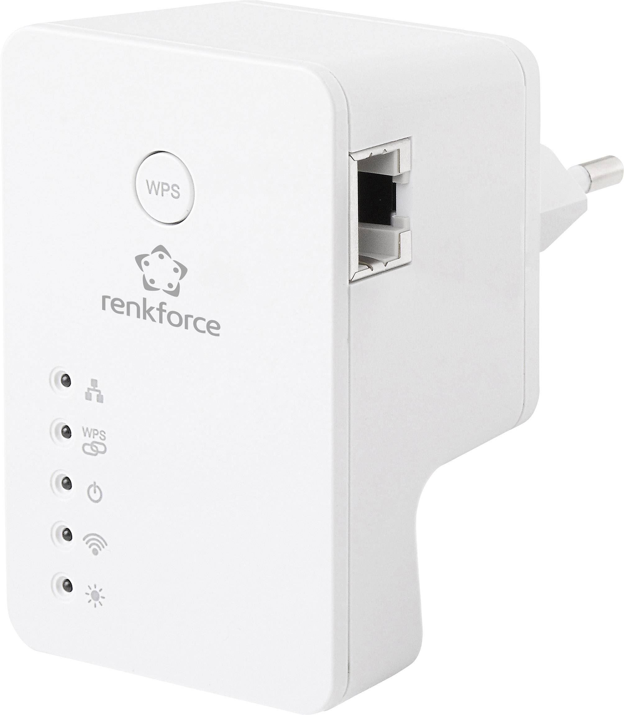 Bílý WiFi repeater s WPS tlačítkem, dvěma stavovými LED diodami, jedním LAN portem a evropskou zástrčkou. Značka: Renkforce.