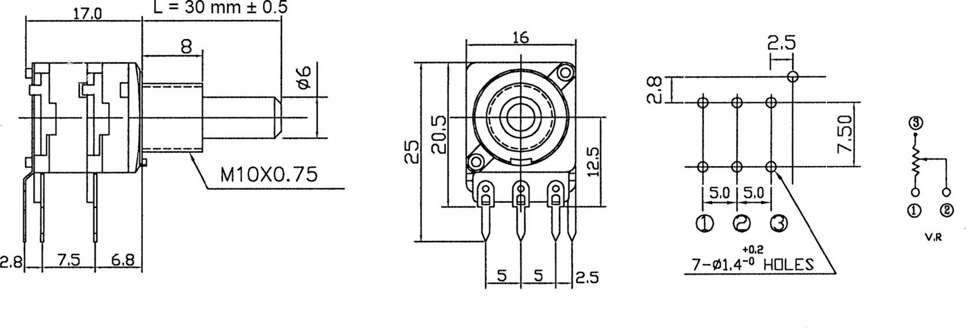 Schéma elektrického potenciometru s rozměry: délka 30 mm, průměr 6 mm, závit M10X0,75.
