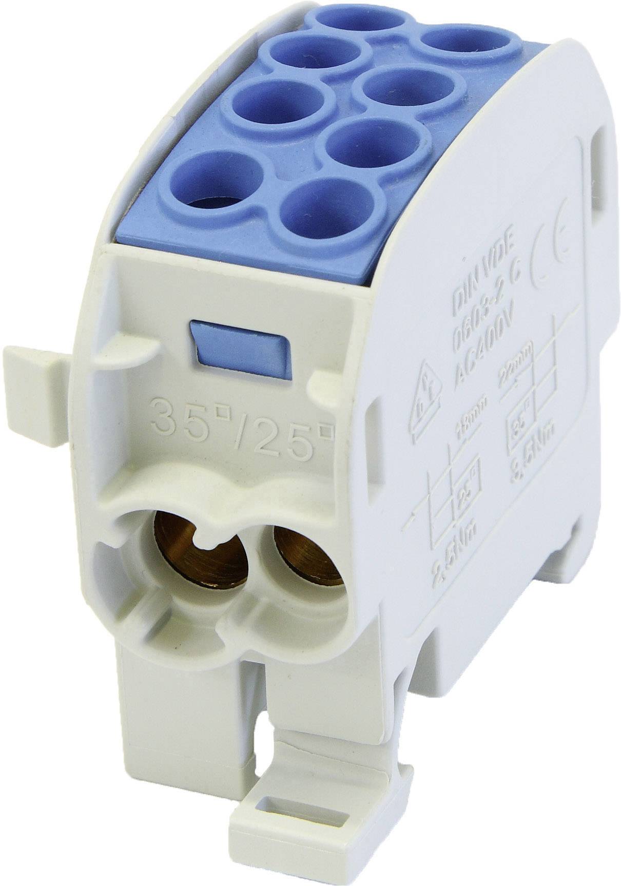 Elektrický řadový svorkovnicový blok s několika modrými zásuvnými konektory a bílým plastovým pouzdrem. Detaily hodnocení jsou vytištěny.