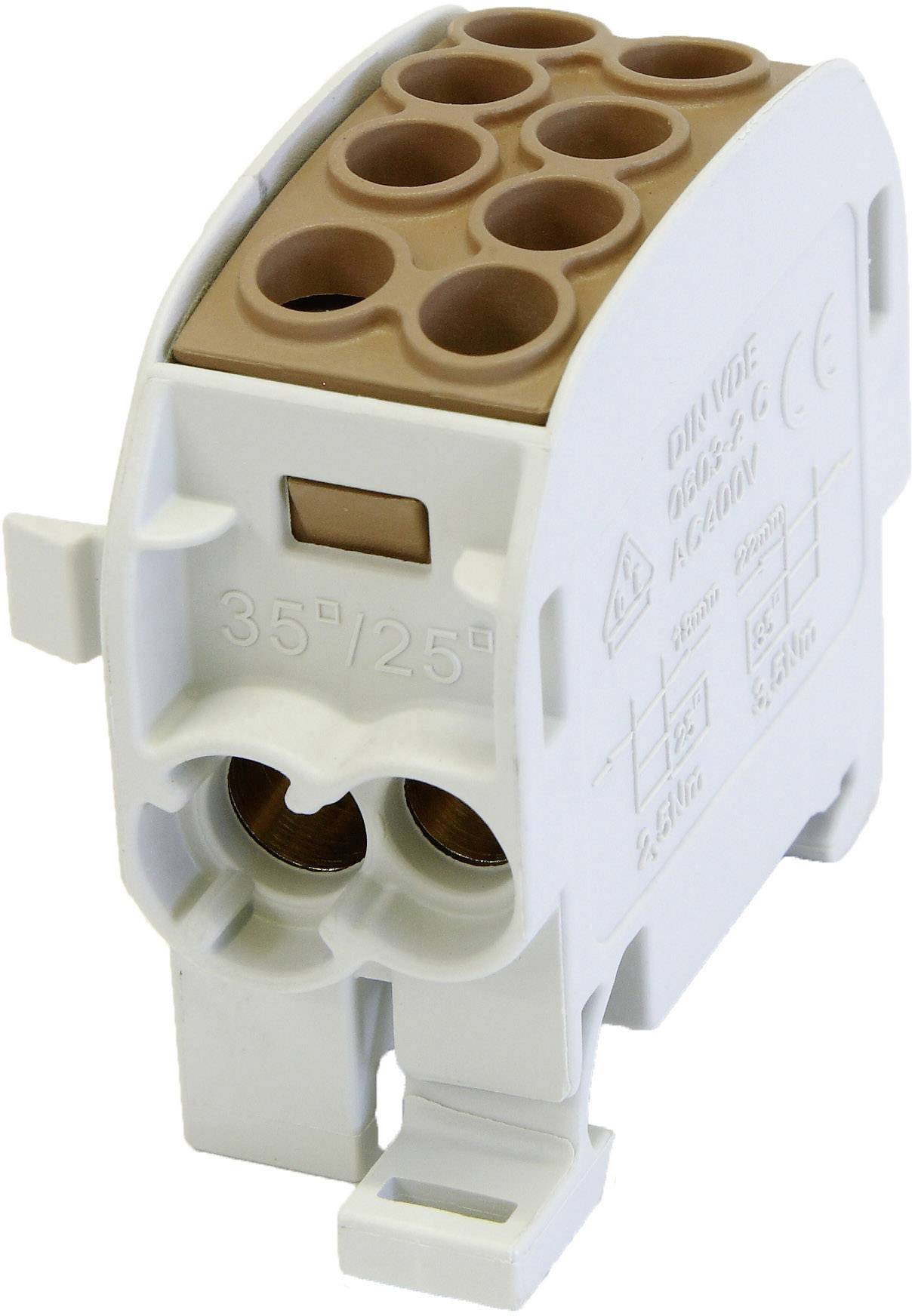 Plastový kabelový připojovací modul s několika vstupními místy pro elektrické spoje, vhodný pro různé průměry kabelů.