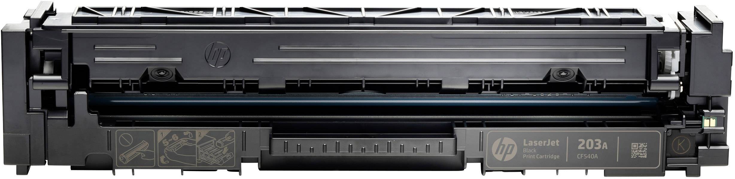 Černá tonerová kazeta HP LaserJet, model 203X, pohled zepředu. Ukazuje design a konstrukční provedení tiskové komponenty.