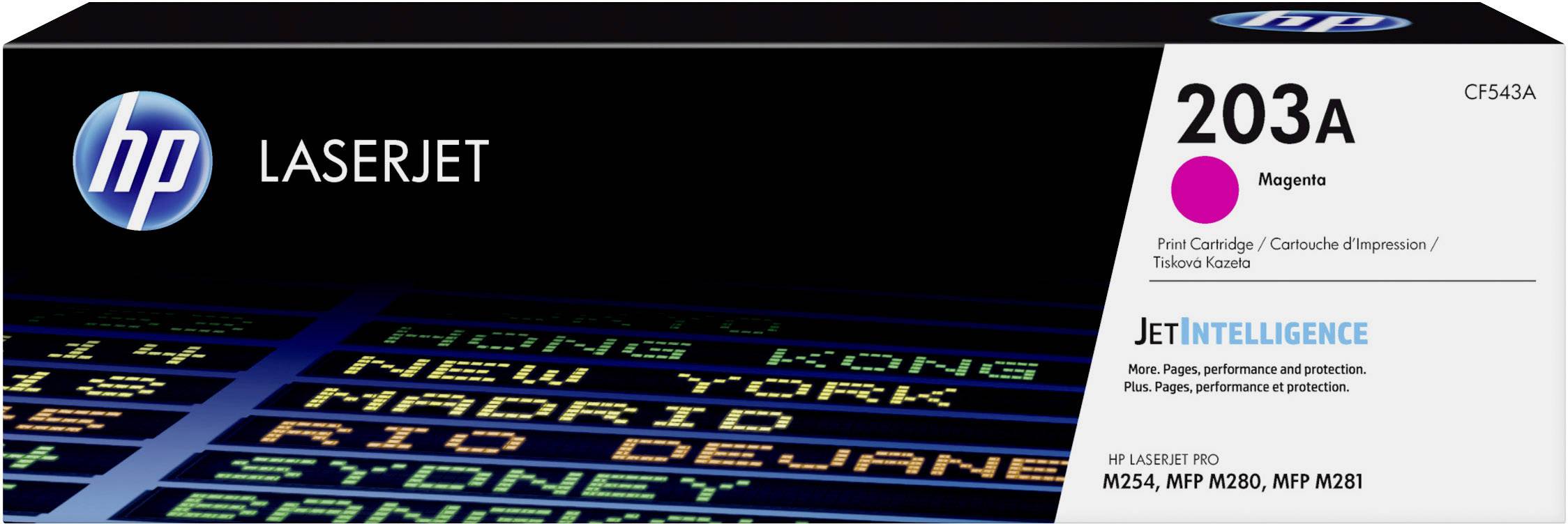Inkoustová kazeta HP LaserJet 203A v barvě magenta. Kompatibilní s tiskárnami HP LaserJet Pro M254, MFP M280, MFP M281. Obsahuje technologii JetIntelligence pro vylepšený výkon.