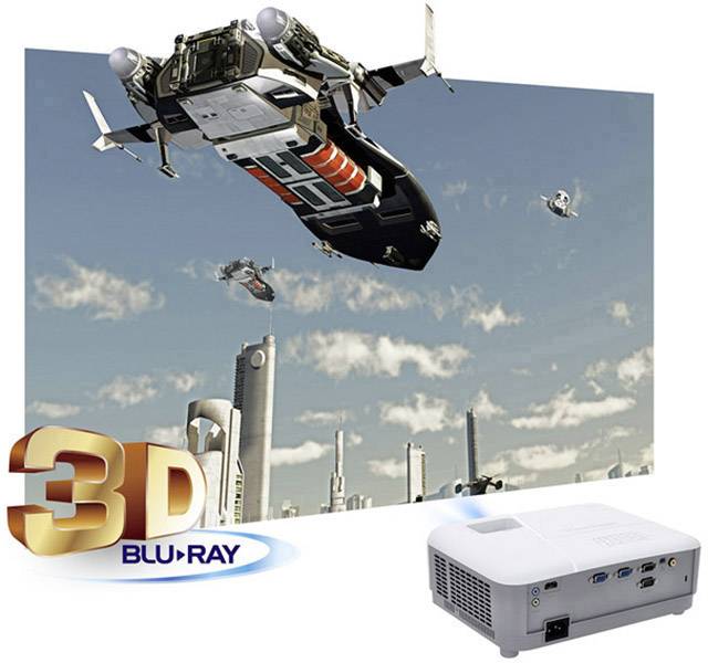 Projektor promítá 3D obraz futuristického letadla nad městem. Vpravo dole je nápis '3D Blu-Ray'.