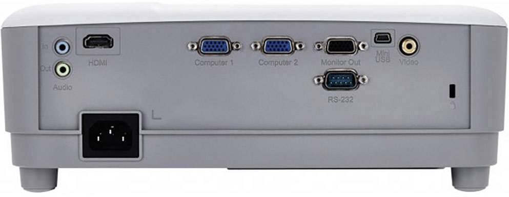 Zadní strana projektoru s různými možnostmi připojení: HDMI, Audio, dva VGA počítačové vstupy, výstup pro monitor, RS-232 a Video.