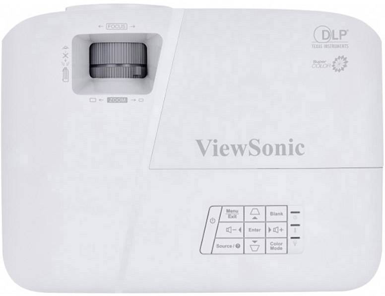 Bílý projektor od ViewSonic s ovládacími tlačítky a zoomovací čočkou. Vhodný pro prezentace nebo použití v domácnosti.