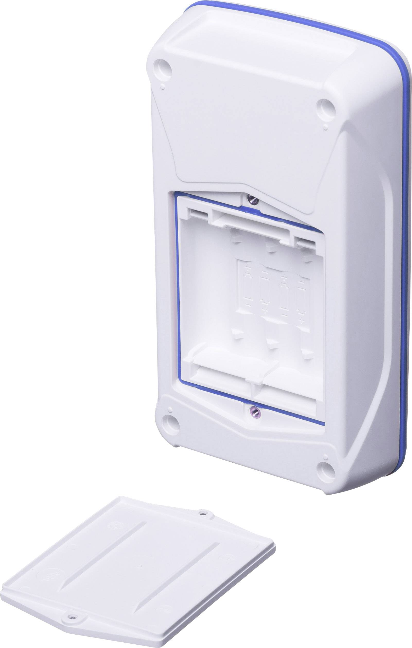 Bílý obdélníkový kryt, pravděpodobně rozvodná skříň pro elektrické komponenty, s odejmutým víkem vedle něj.