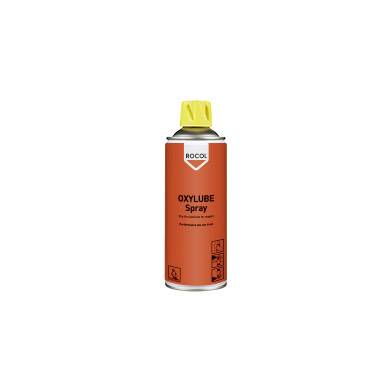 Červený sprej značky ROCOL s žlutým uzávěrem, označený nápisem 'OXYLUBE Spray'. Vhodný pro mazání za vysokých teplot.