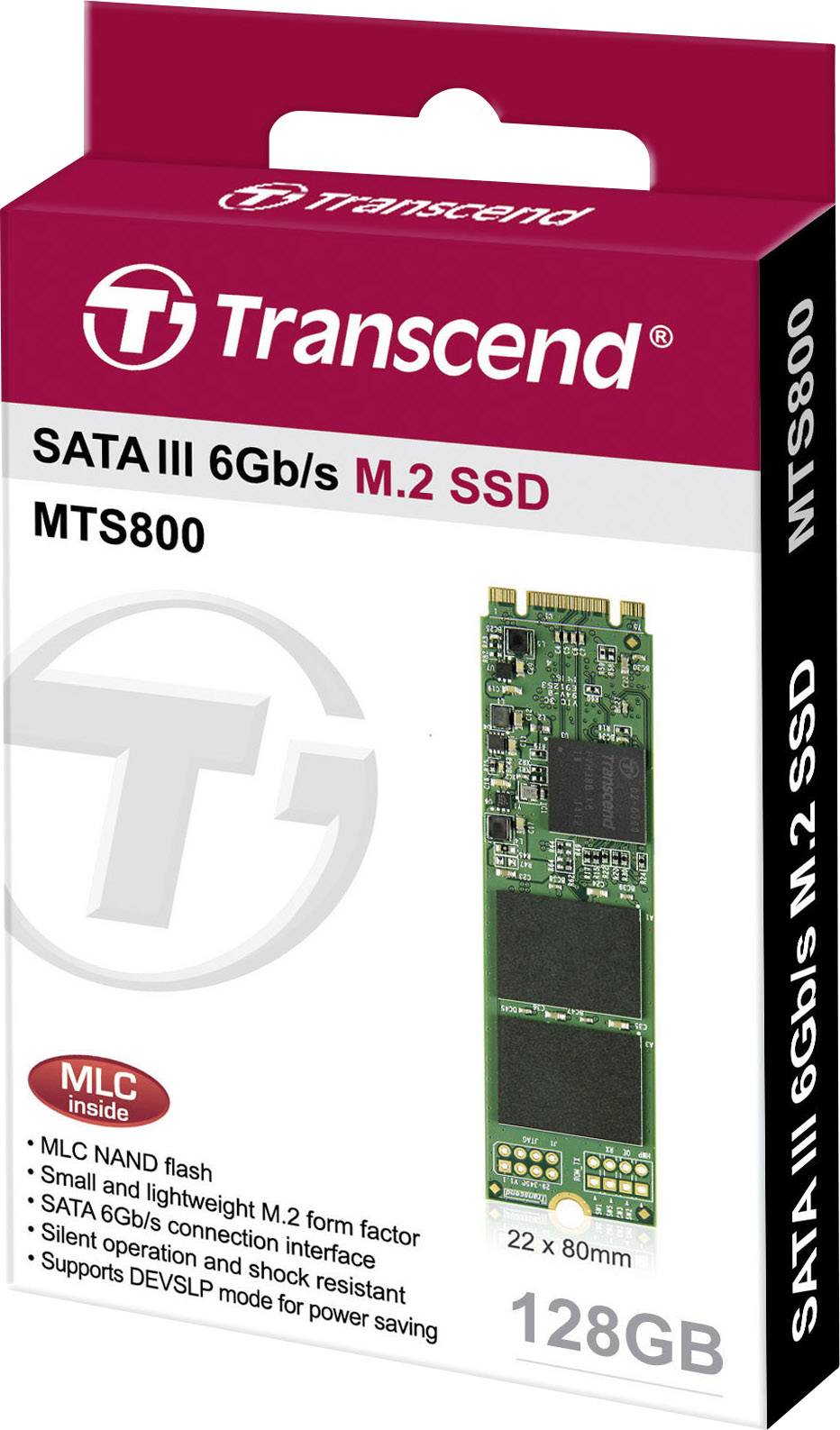 Transcend SATA III 6Gb/s M.2 SSD MTS800, 128 GB, MLC NAND, kompaktní formát, podporuje DEVSLP pro úsporu energie.