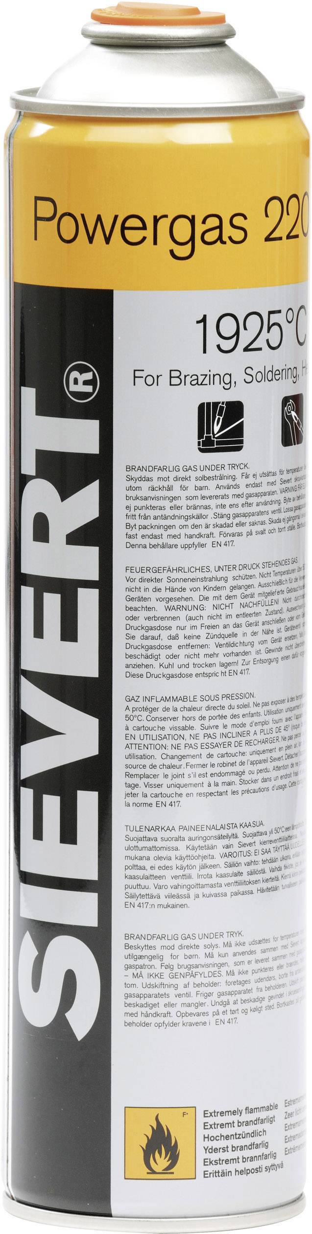 Válcovitý kontejner s nápisem 'Powergas 2200', '1925°C' a 'SIEVERT', vhodný pro tvrdé pájení a podobné aplikace.