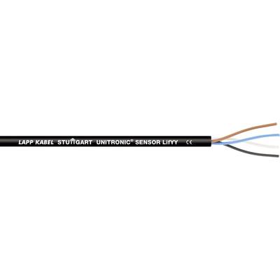Černý kabel s nápisem 'LAPP KABEL STUTTGART UNITRONIC SENSOR LIYY'. Vícebarevné konce vodičů vyčnívají ven.