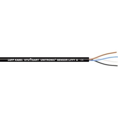 Detailní záběr černého kabelu s bílým potiskem 'LAPP KABEL STUTTGART UNITRONIC SENSOR LIYY A CE' a vícevodičovou strukturou.