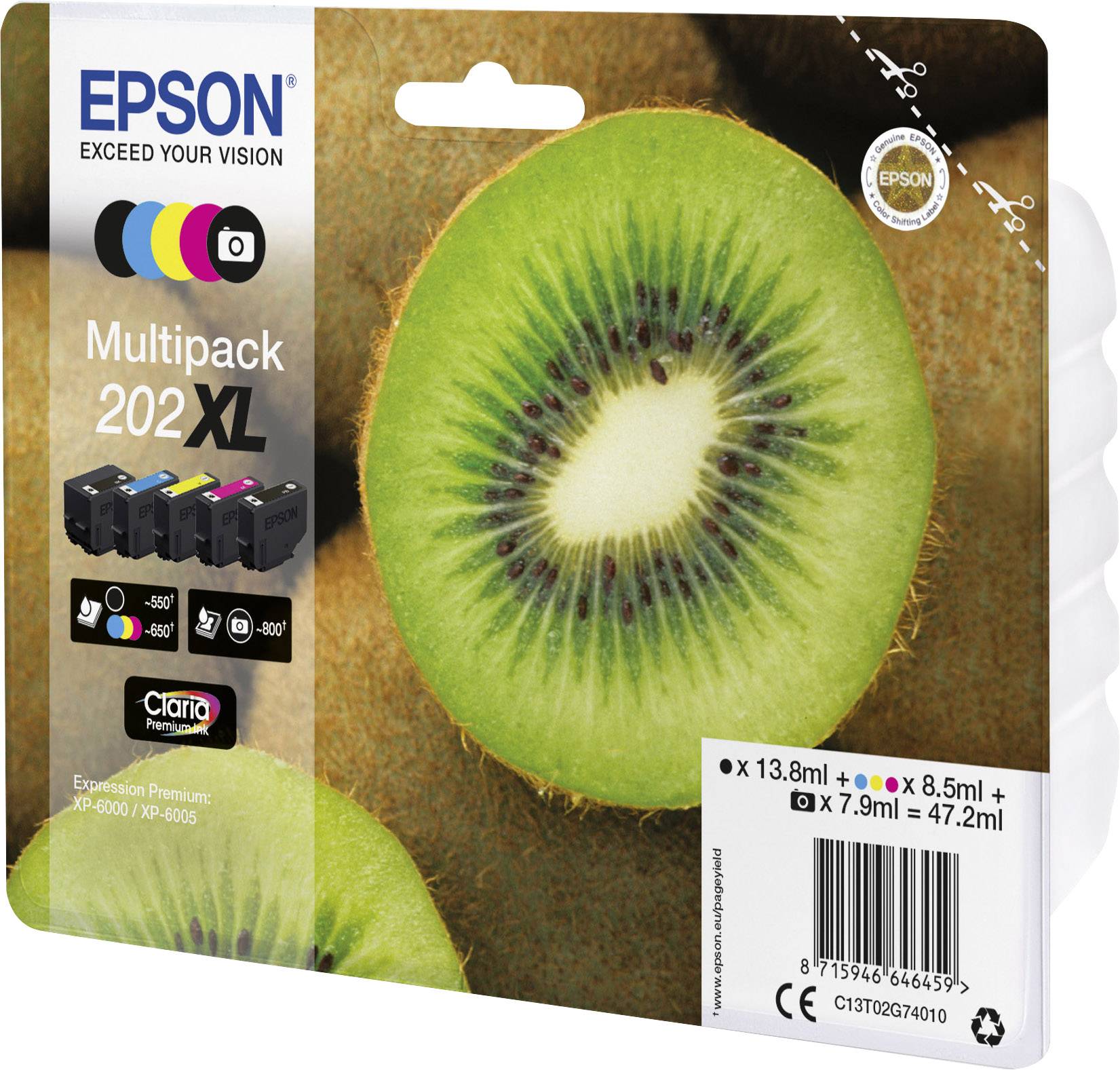 Multifunkční tiskárna Epson inkoustové patrony multipack 202XL v černé, azurové, purpurové a žluté barvě. Obsahuje údaje o množství a produktový štítek.