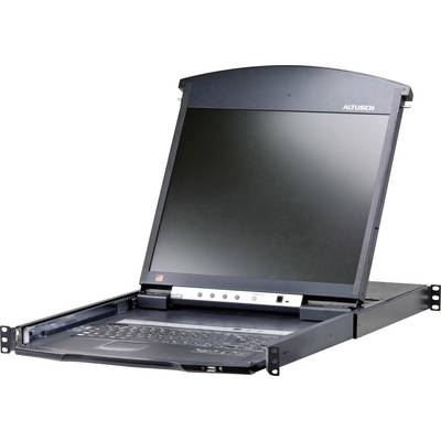 Laptop v systému zásuvkového racku, otevřený a připravený k provozu. Označení 'ALTUSEN' v pravém horním rohu obrazovky.