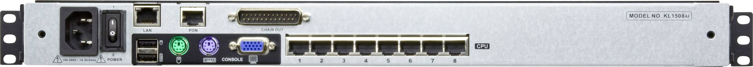 Zadní strana elektronického zařízení s různými porty: napájení, USB, PS/2, VGA a několik síťových portů.