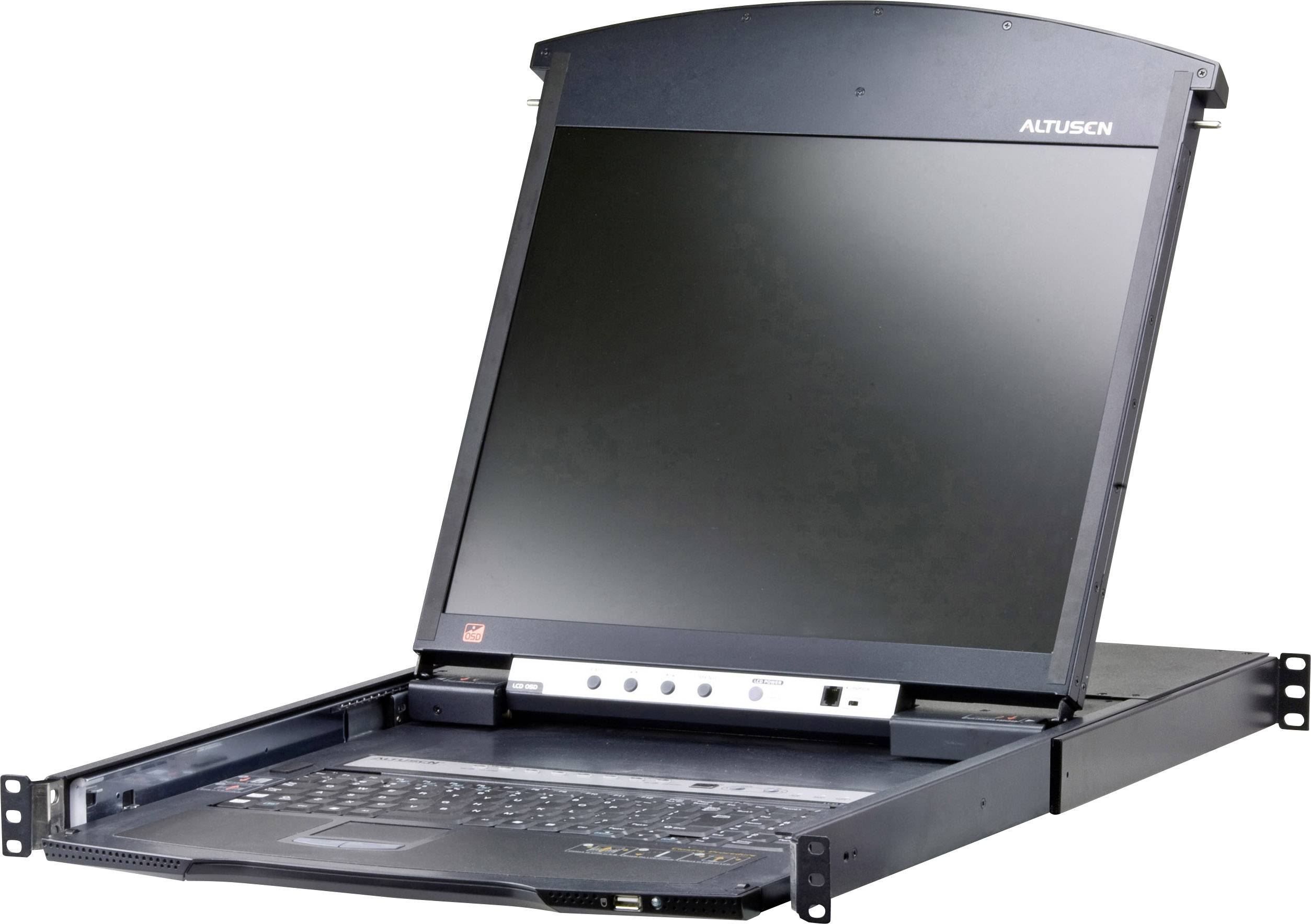 Rackmountový laptop s otevřeným displejem, integrovanou klávesnicí a ovládacími prvky. Vyvinut pro serverová nebo síťová prostředí.