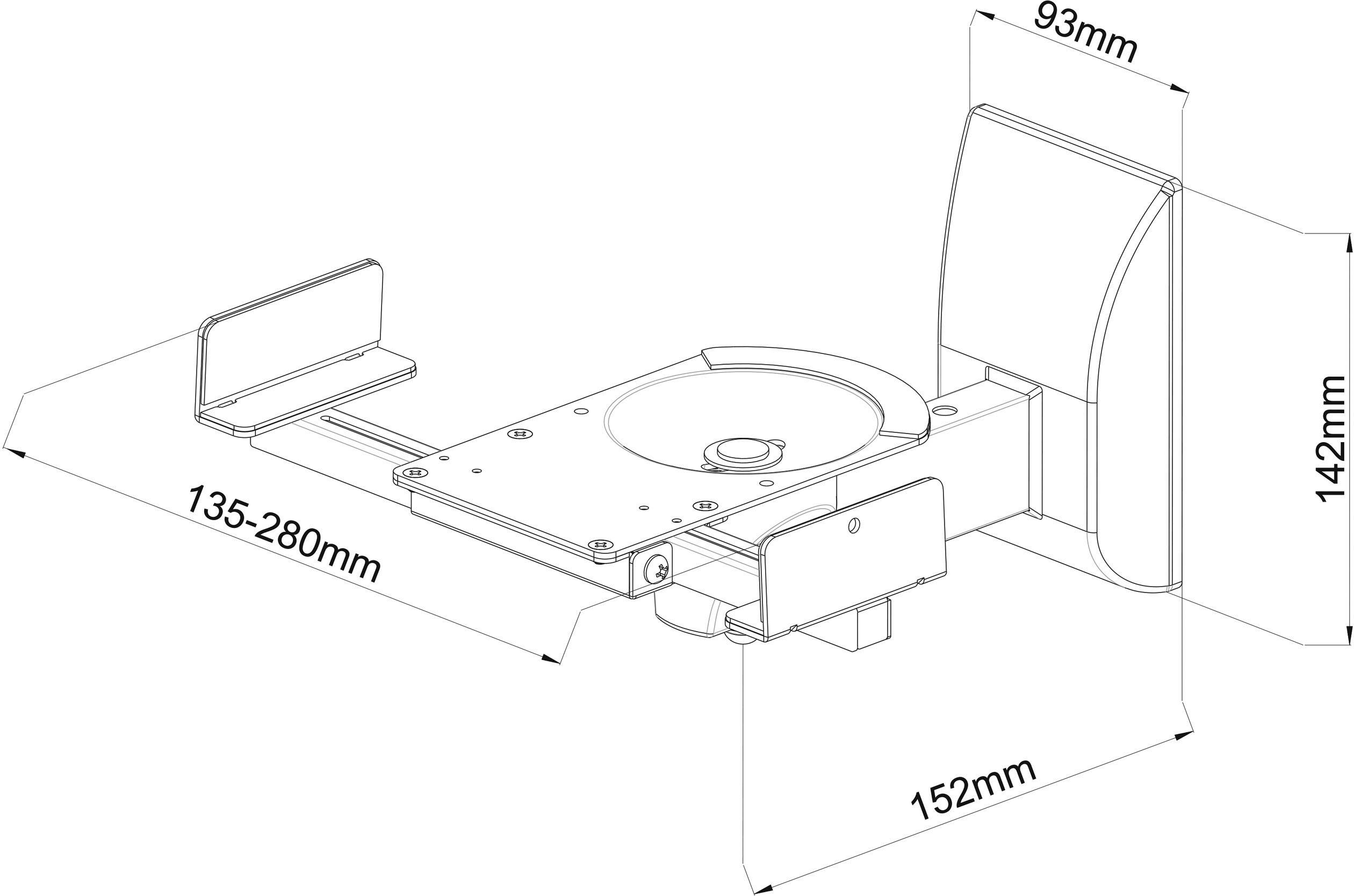 Technický výkres nastavitelného držáku s rozměry: šířka 93 mm, výška 142 mm, hloubka 152 mm, délka nastavitelná od 135 do 280 mm.