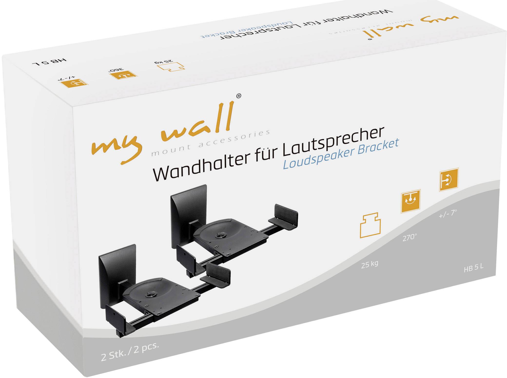 Obal produktu pro nástěnné držáky reproduktorů 'my wall'<br><br>Zobrazuje dva držáky vhodné pro reproduktory:<br>- Nosnost: 25 kg<br>- Nastavitelný úhel: 210°<br>- Kompatibilní velikosti reproduktorů: 4"-7"