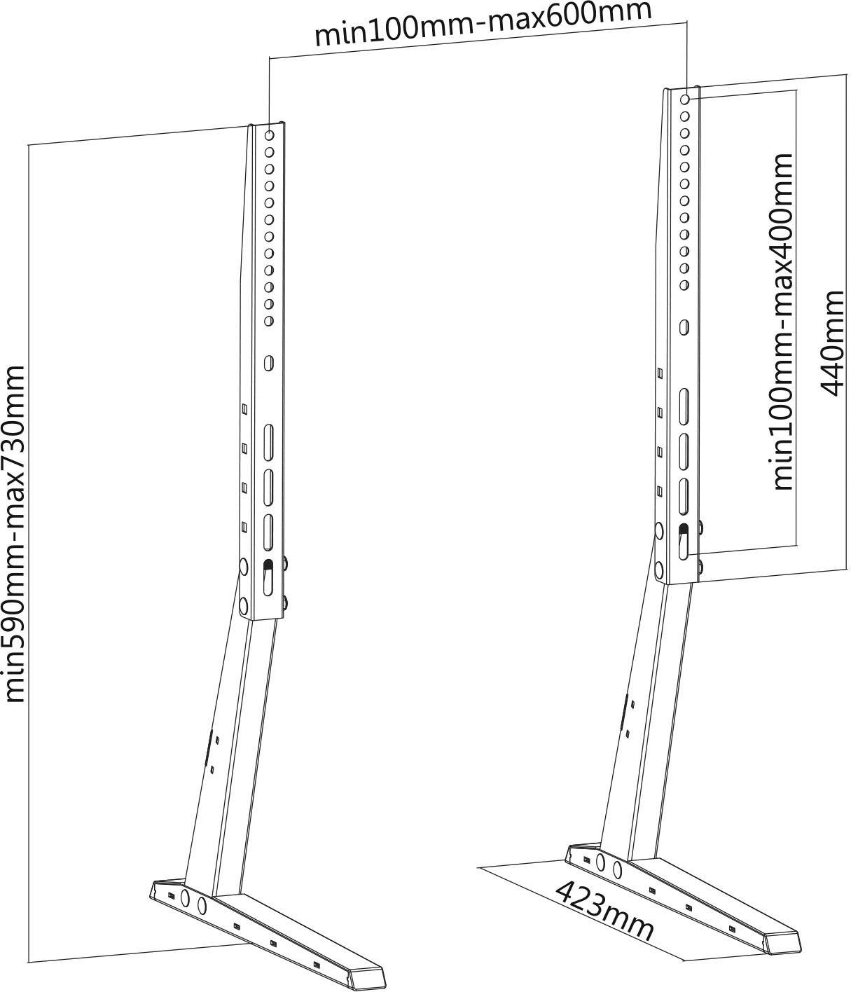Obrázek zobrazuje výškově nastavitelné podpěry s rozměry: šířka min. 100 mm - max. 600 mm, výška min. 590 mm - max. 730 mm. Základní délka 423 mm.