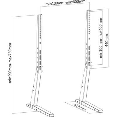 Obrázek zobrazuje výškově nastavitelné podpěry s rozměry: šířka min. 100 mm - max. 600 mm, výška min. 590 mm - max. 730 mm. Základní délka 423 mm.