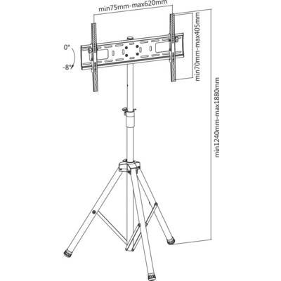 Náčrt uchycení nastavitelného TV stojanu na trojnožce s rozměry: šířka 75-620 mm, výška 170-405 mm, celková výška 1240-1880 mm.