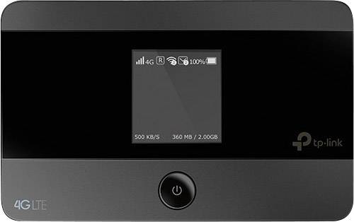 Mobilní 4G LTE Wi-Fi router s malým displejem: zobrazuje sílu signálu, rychlost uploadu/downloadu a datovou spotřebu.