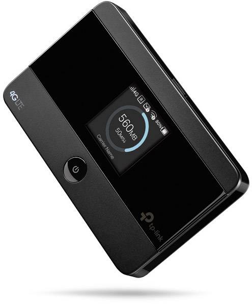 Přenosný 4G LTE router s malým displejem, zobrazující 550 MB datového provozu.