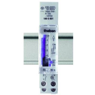Spínací hodiny 'Theben' namontované na DIN lištu, zobrazující čas zapnutí a vypnutí. Napětí: 230-240 V, frekvence: 50-60 Hz.