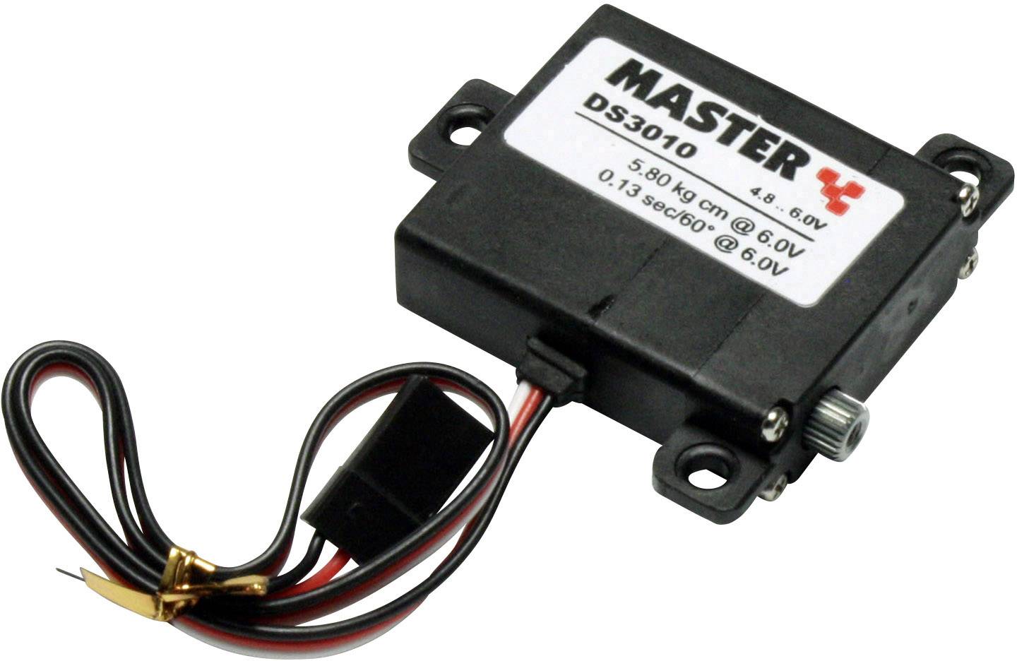 Černý servomotor s kabelovým připojením a štítkem 'MASTER DS3010'.